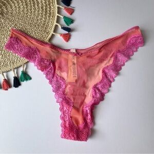 Victoria's Secret Tease Mesh Lace-Trim High-Leg Thong Panty Coral & Peony L NEW